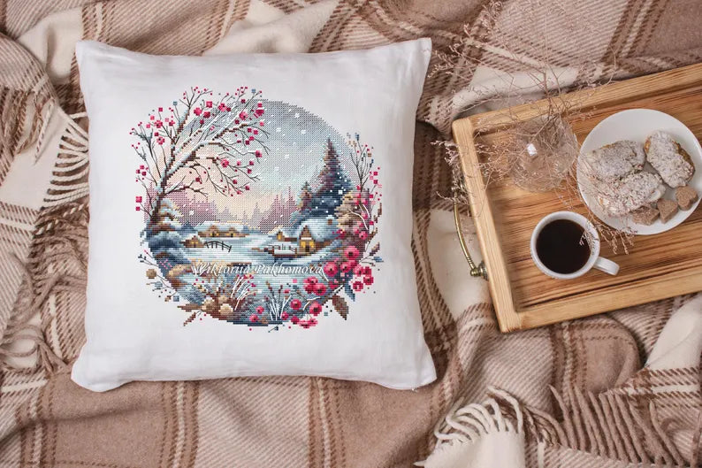 Winter Serenity Cross Stitch Pattern: Snowy Village Pictorial Landscape Hand Embroidery (PDF digital download)