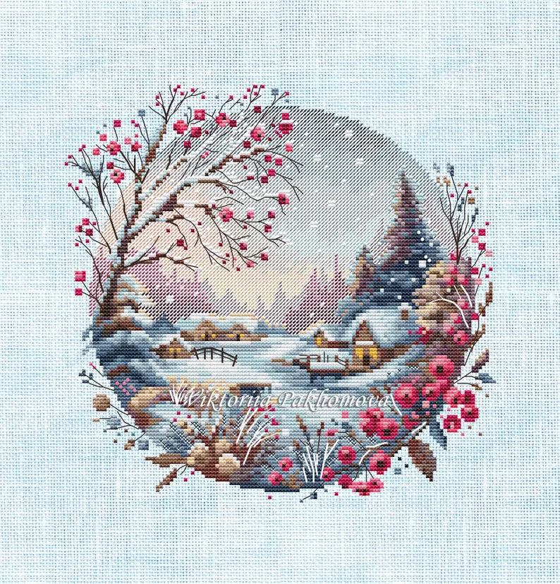 Winter Serenity Cross Stitch Pattern: Snowy Village Pictorial Landscape Hand Embroidery (PDF digital download)