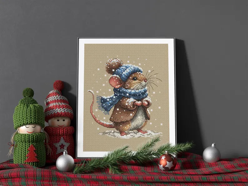 Winter Mouse Snowy Animal Cross Stitch Pattern PDF Downloadable Needlework Chart Digital Download