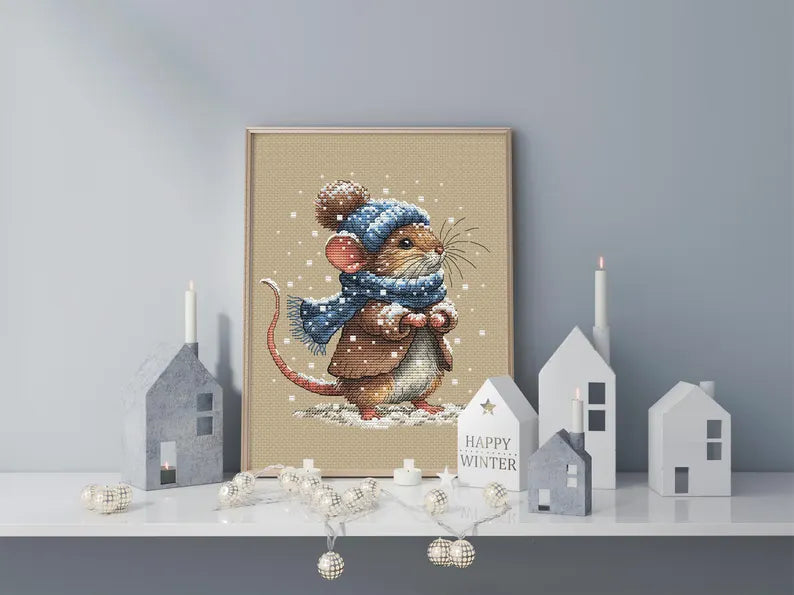 Winter Mouse Snowy Animal Cross Stitch Pattern PDF Downloadable Needlework Chart Digital Download
