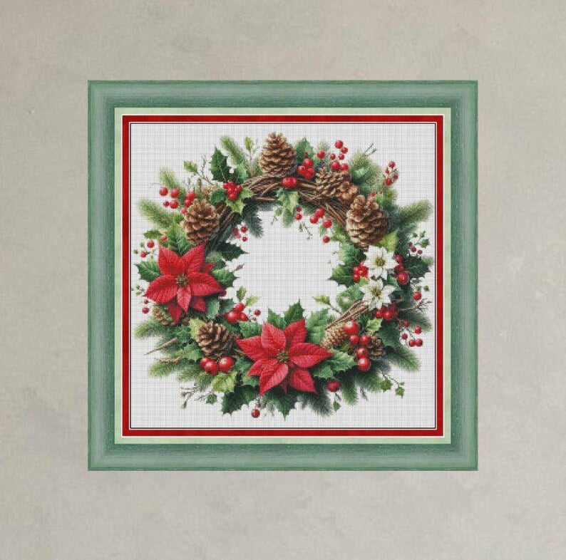 Christmas wreath cross stitch pattern, Poinsettia X-stitch, Xmas flower decor PDF digital