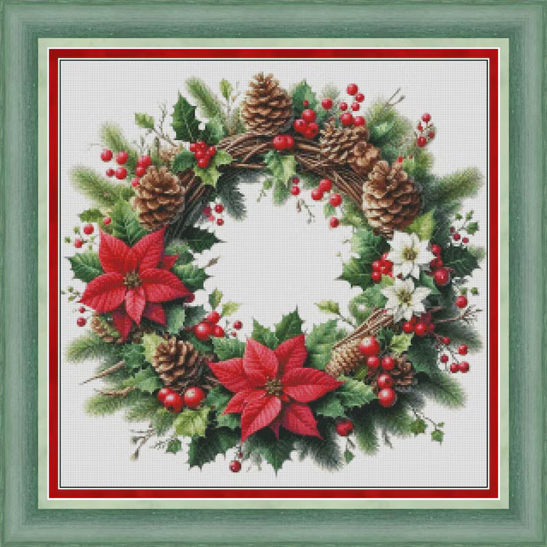 Christmas wreath cross stitch pattern, Poinsettia X-stitch, Xmas flower decor PDF digital