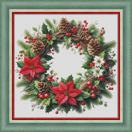 Christmas wreath cross stitch pattern, Poinsettia X-stitch, Xmas flower decor PDF digital