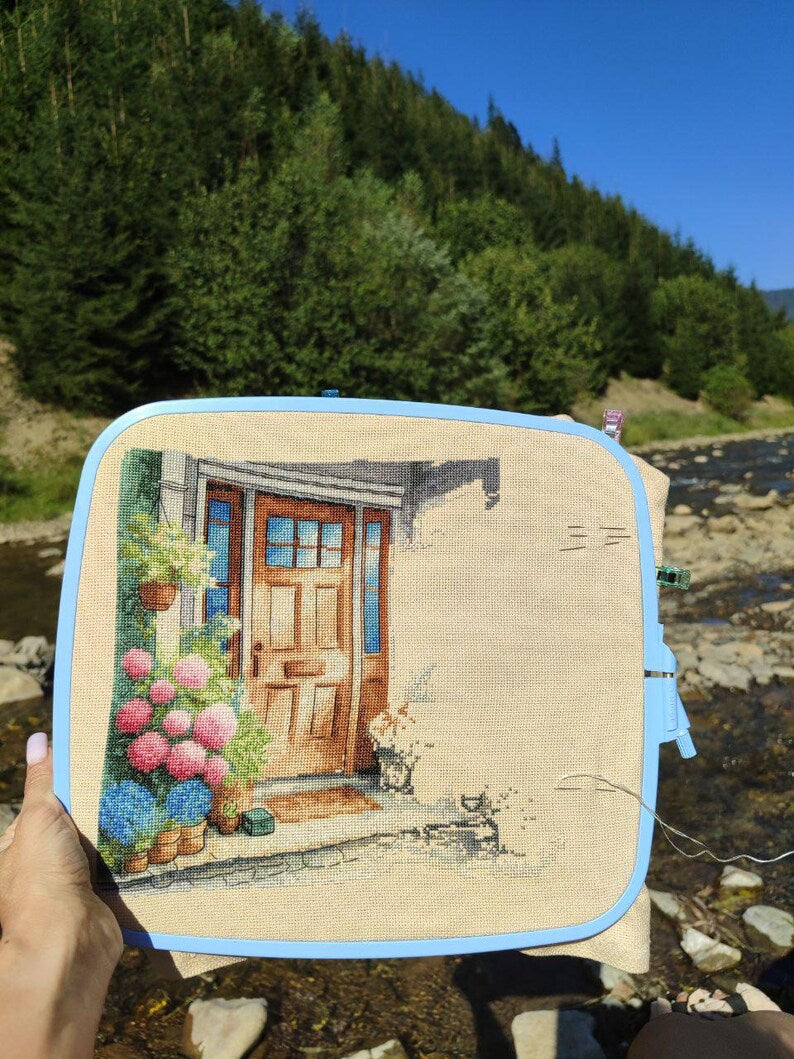 Summer Cottage Porch Cross Stitch Pattern, Cozy House Front Door with Chair modern embroidery, Hydrangea and Flowers, Instant PDF Download