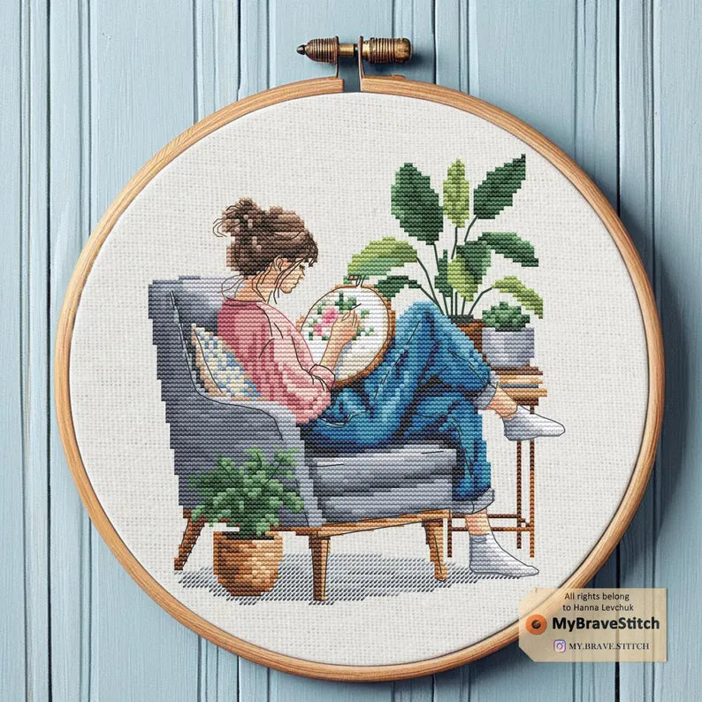 Cross-stitching girl Cross Stitch Pattern PDF, cross stitch patterns, point de croix, counted cross stitch patterns, punto de cruz