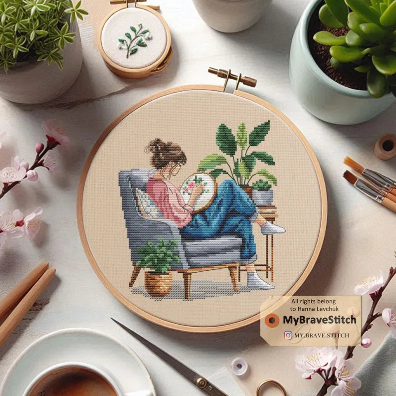 Cross-stitching girl Cross Stitch Pattern PDF, cross stitch patterns, point de croix, counted cross stitch patterns, punto de cruz