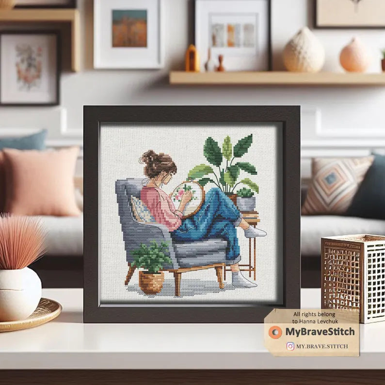 Cross-stitching girl Cross Stitch Pattern PDF, cross stitch patterns, point de croix, counted cross stitch patterns, punto de cruz