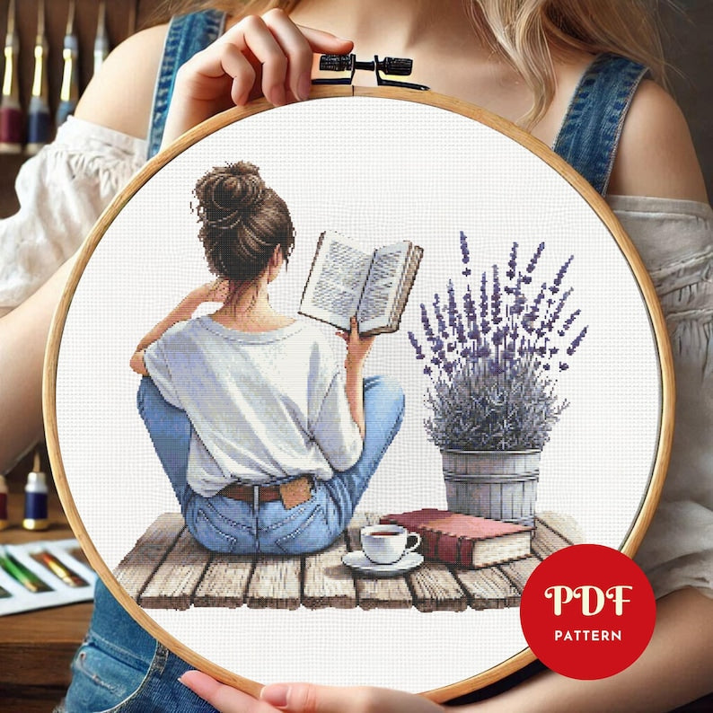 Girl Reading Book Cross Stitch Pattern, Woman Embroidery Stitch Pattern, Embroidery, Girl Cross Stitch PDF Pattern File, point de croix, DIY