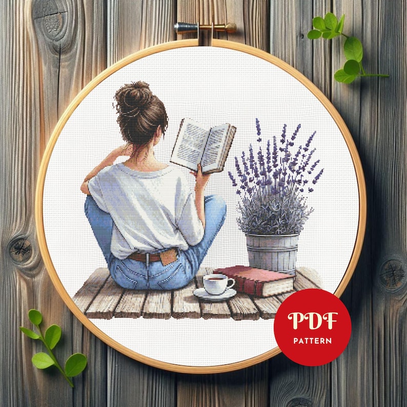 Girl Reading Book Cross Stitch Pattern, Woman Embroidery Stitch Pattern, Embroidery, Girl Cross Stitch PDF Pattern File, point de croix, DIY