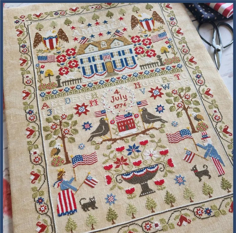 DIGITAL PDF FILE "American sampler", cross stitch chart, with alphabeth, sampler, patriotic, Americana, 4th July, red white and blue