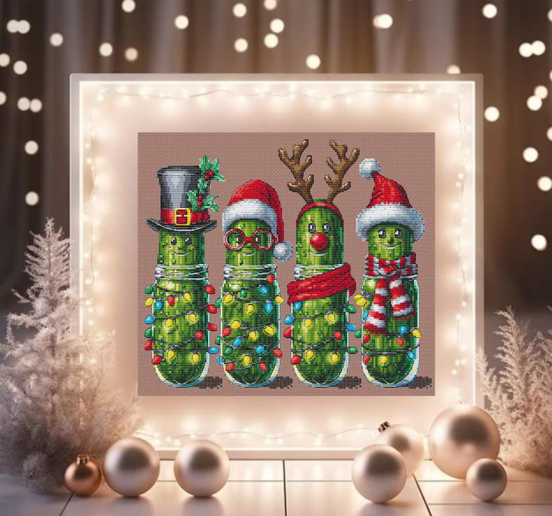 Xmas pickles cross stitch pattern, Christmas cucumbers x-stitch, funny vegetables design, cute food