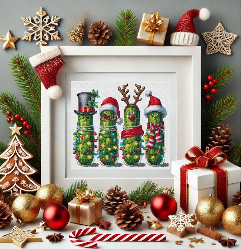 Xmas pickles cross stitch pattern, Christmas cucumbers x-stitch, funny vegetables design, cute food