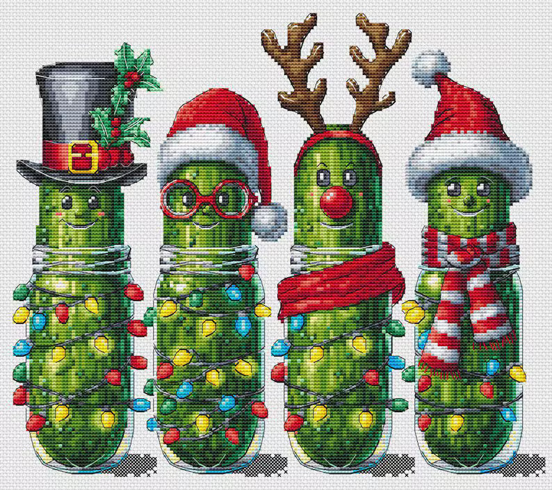 Xmas pickles cross stitch pattern, Christmas cucumbers x-stitch, funny vegetables design, cute food