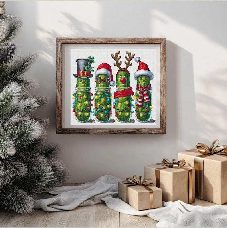Xmas pickles cross stitch pattern, Christmas cucumbers x-stitch, funny vegetables design, cute food