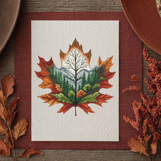 Autumn Leaf Cross Stitch Pattern: Forest Landscape Embroidery (PDF Downloadable Chart)