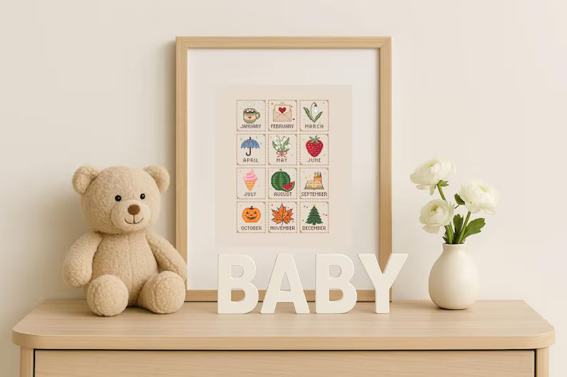 Monthly Cross Stitch Sampler Pattern PDF, 12 Months, Seasonal Motifs, Beginner