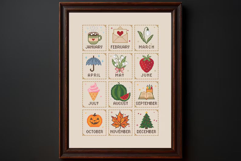 Monthly Cross Stitch Sampler Pattern PDF, 12 Months, Seasonal Motifs, Beginner