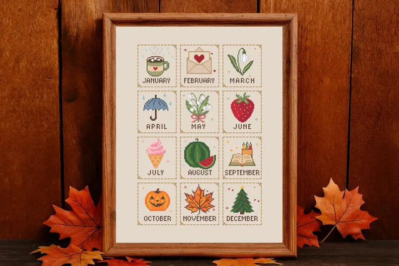Monthly Cross Stitch Sampler Pattern PDF, 12 Months, Seasonal Motifs, Beginner