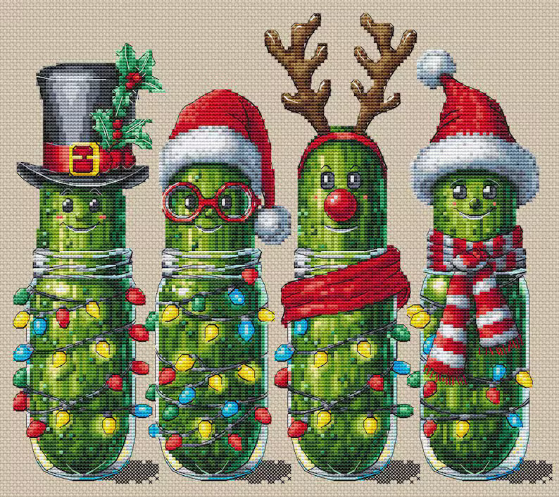 Xmas pickles cross stitch pattern, Christmas cucumbers x-stitch, funny vegetables design, cute food