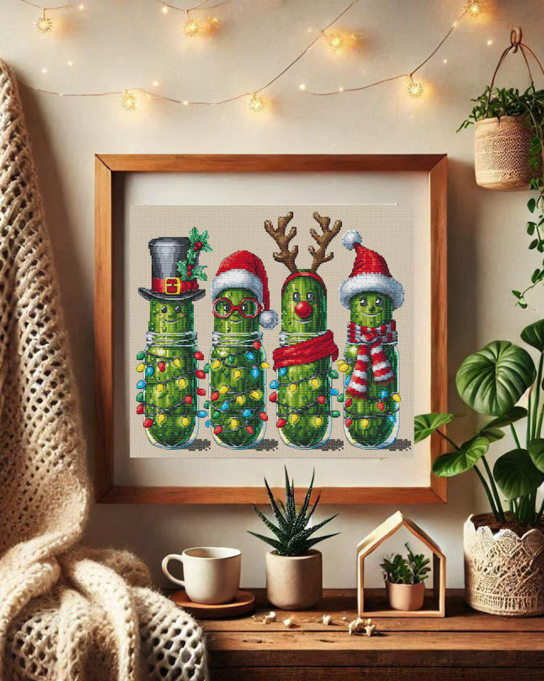 Xmas pickles cross stitch pattern, Christmas cucumbers x-stitch, funny vegetables design, cute food