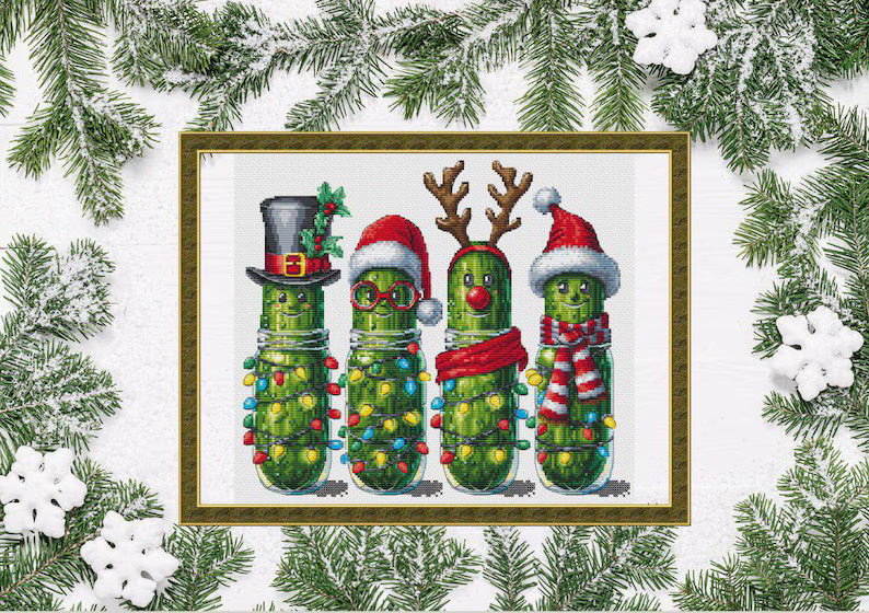 Xmas pickles cross stitch pattern, Christmas cucumbers x-stitch, funny vegetables design, cute food