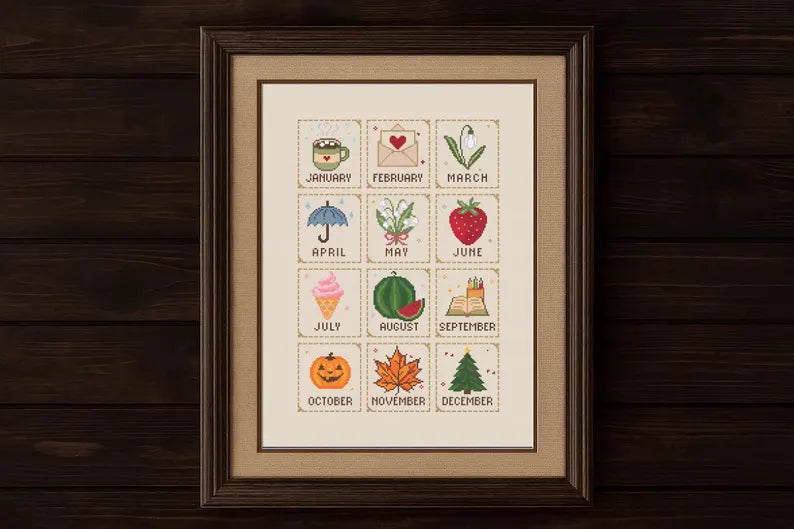 Monthly Cross Stitch Sampler Pattern PDF, 12 Months, Seasonal Motifs, Beginner