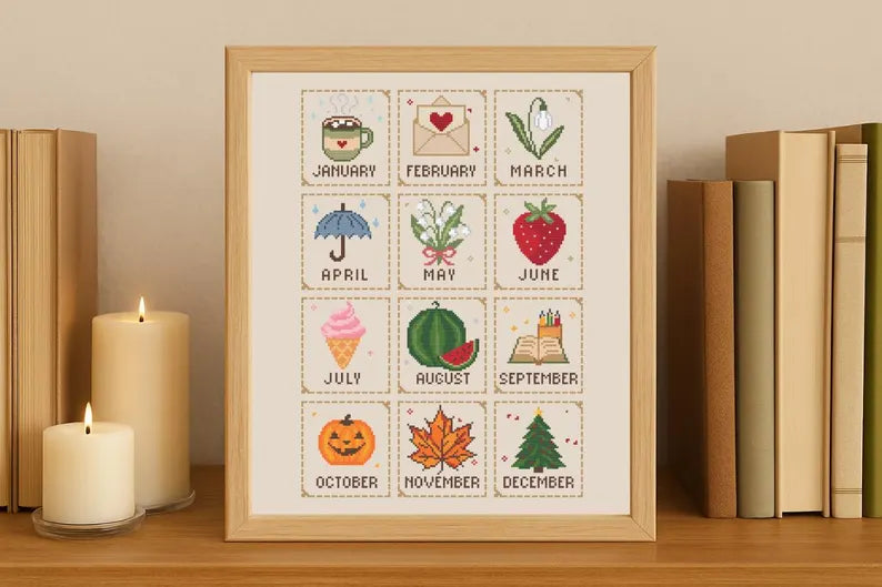 Monthly Cross Stitch Sampler Pattern PDF, 12 Months, Seasonal Motifs, Beginner