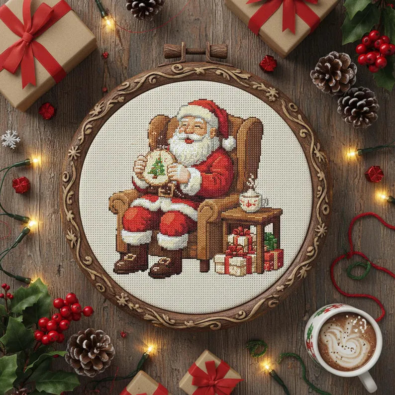Santa Stitching Cross Stitch Pattern: Cozy Christmas Embroidery PDF with Santa Sewing a Tree and Gifts