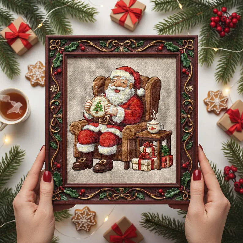 Santa Stitching Cross Stitch Pattern: Cozy Christmas Embroidery PDF with Santa Sewing a Tree and Gifts