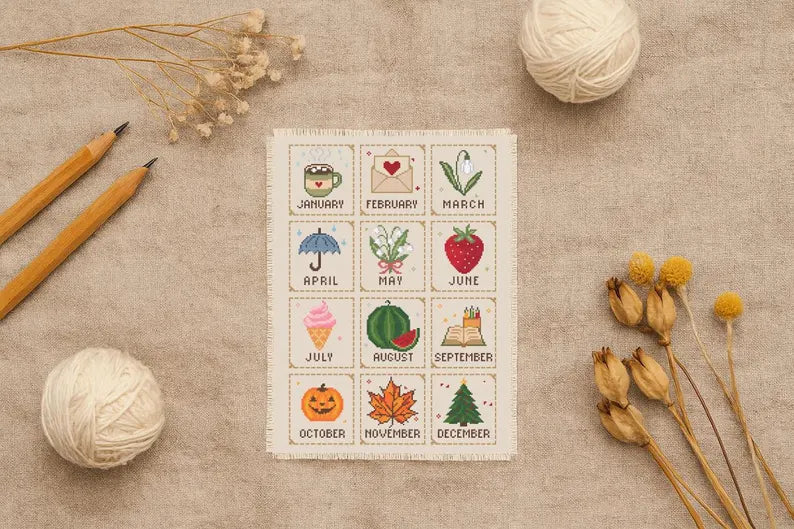 Monthly Cross Stitch Sampler Pattern PDF, 12 Months, Seasonal Motifs, Beginner