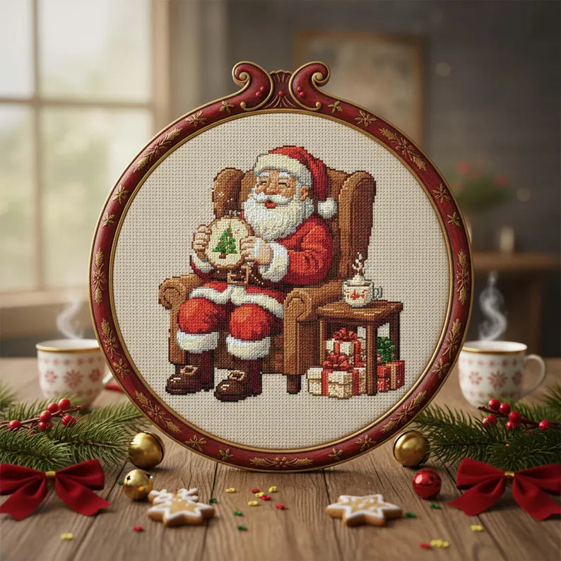 Santa Stitching Cross Stitch Pattern: Cozy Christmas Embroidery PDF with Santa Sewing a Tree and Gifts