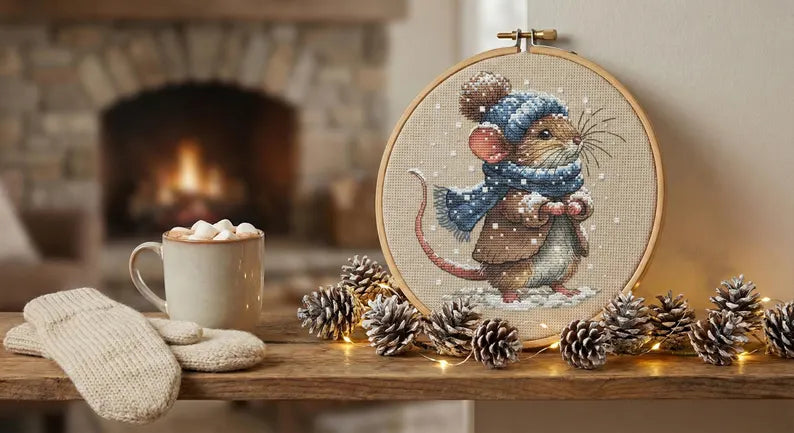 Winter Mouse Snowy Animal Cross Stitch Pattern PDF Downloadable Needlework Chart Digital Download