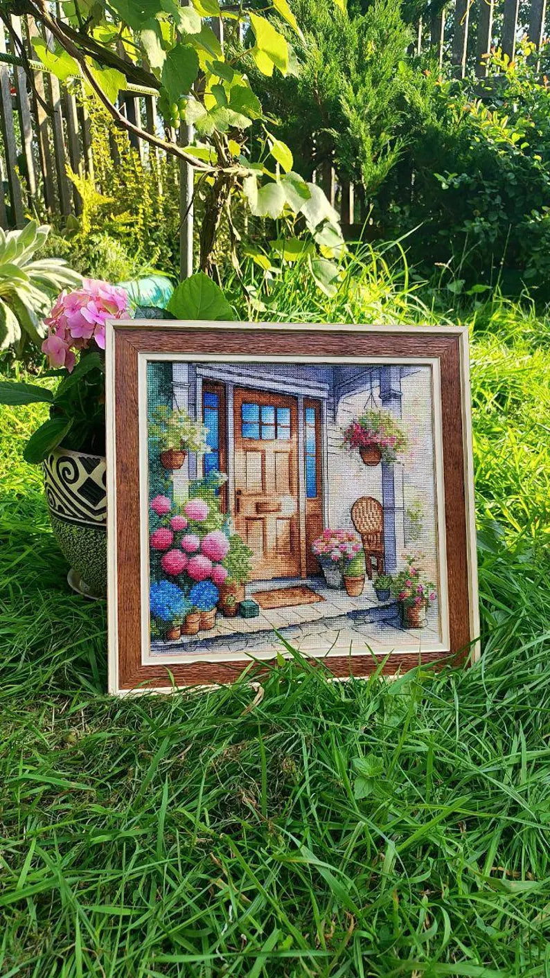 Summer Cottage Porch Cross Stitch Pattern, Cozy House Front Door with Chair modern embroidery, Hydrangea and Flowers, Instant PDF Download