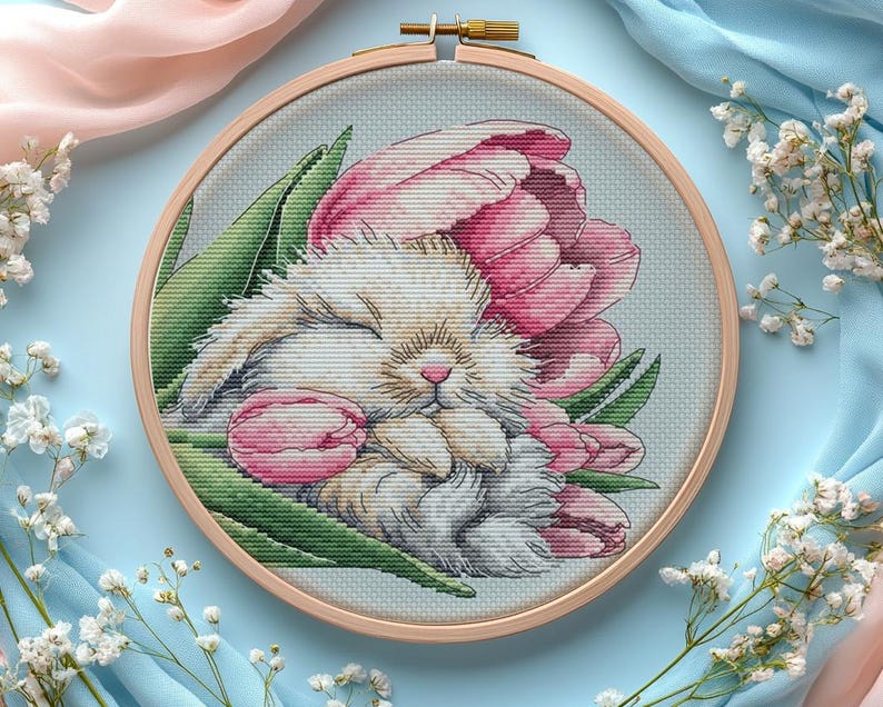 Baby Bunny Cross Stitch Pattern Fluffy Bunny Pattern Tulips PDF Pattern Little Bunny Pattern Bunny DMC Chart Printable PDF Instant Download