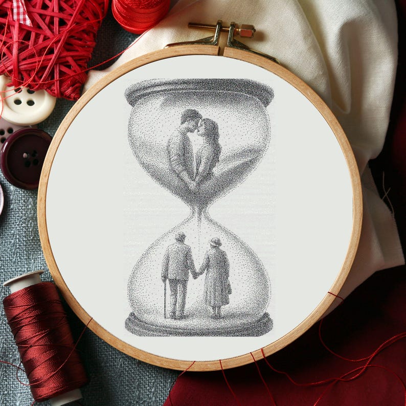 Romantic Hourglass Cross Stitch Pattern, Young & Old Love PDF Pattern