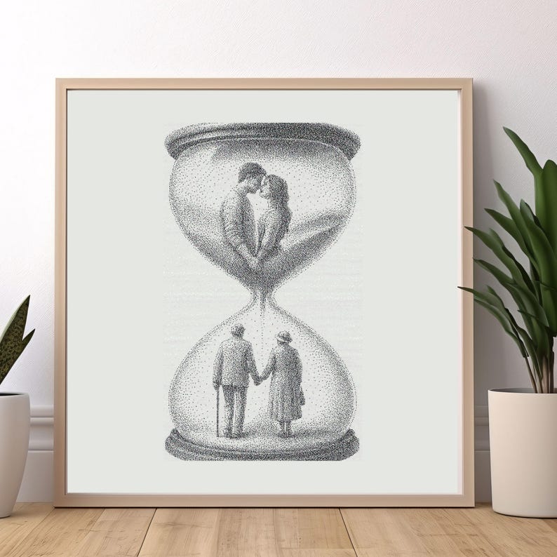 Romantic Hourglass Cross Stitch Pattern, Young & Old Love PDF Pattern