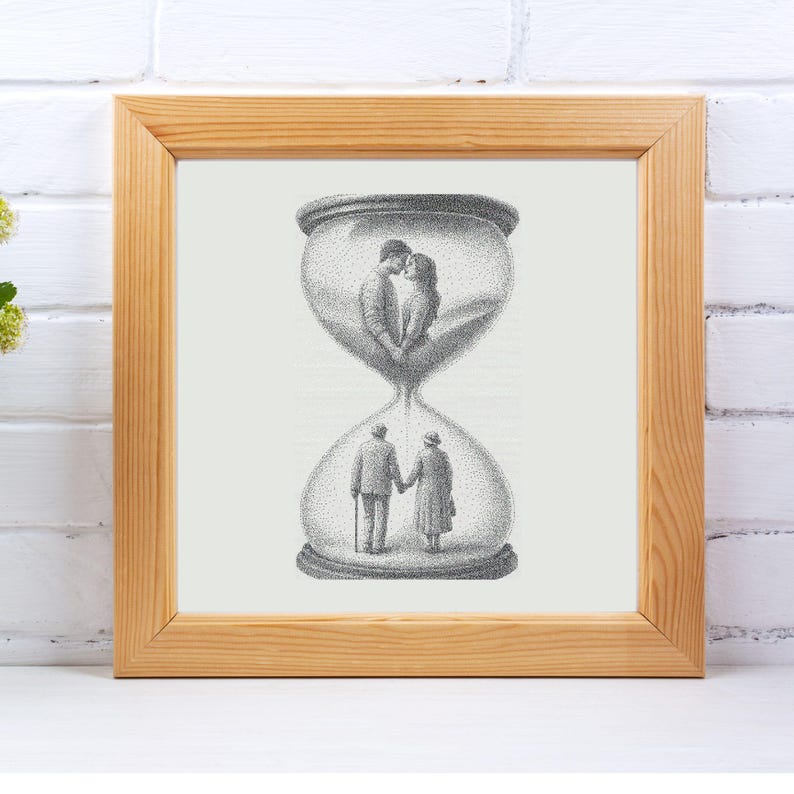 Romantic Hourglass Cross Stitch Pattern, Young & Old Love PDF Pattern