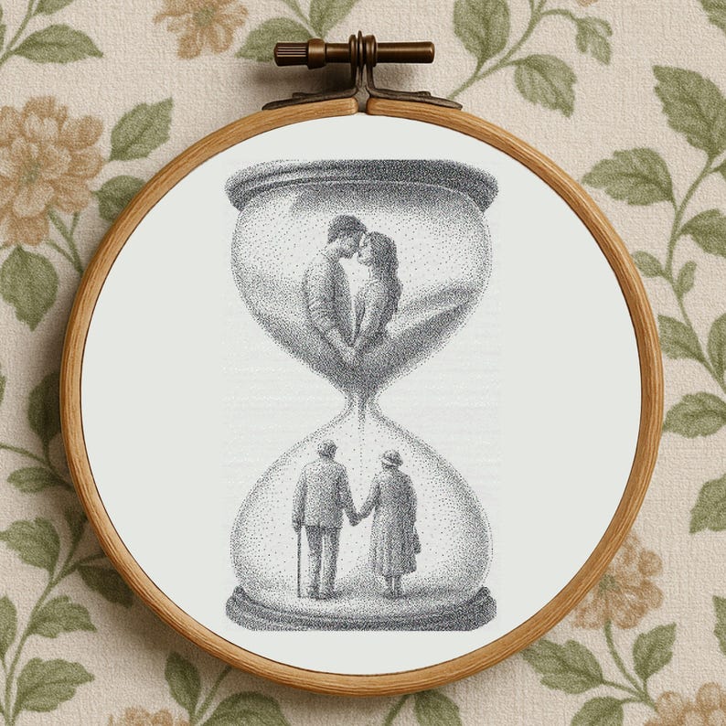 Romantic Hourglass Cross Stitch Pattern, Young & Old Love PDF Pattern