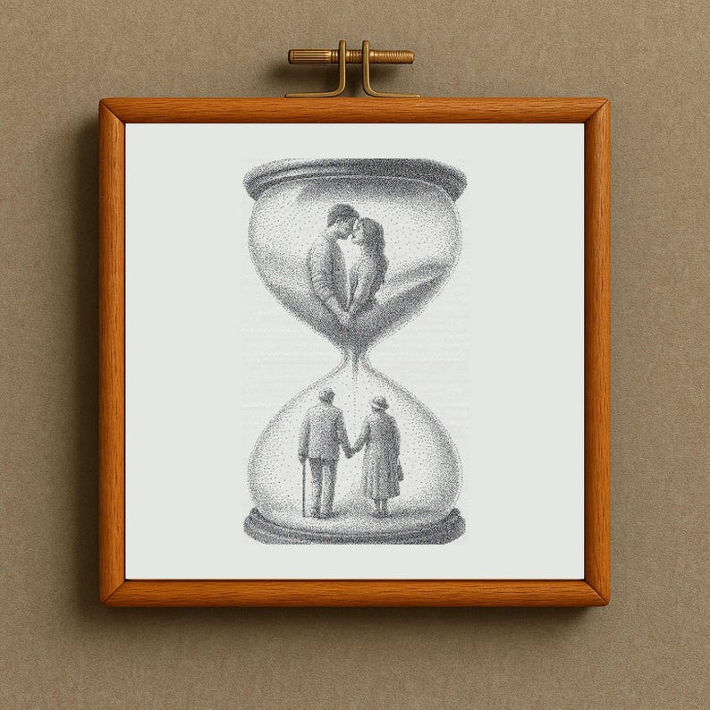 Romantic Hourglass Cross Stitch Pattern, Young & Old Love PDF Pattern