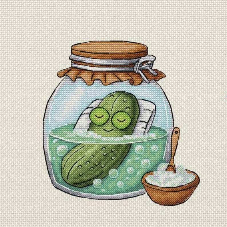 Relaxing Pickle Cross Stitch Pattern | Funny Pickle in Jar | Cute Cross Stitch Design | Easy Modern Embroidery PDF Instant Download