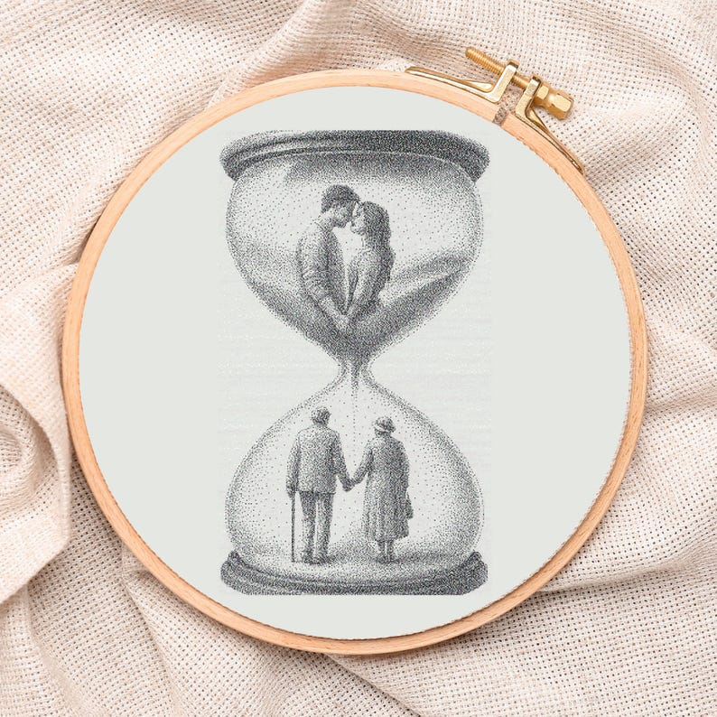 Romantic Hourglass Cross Stitch Pattern, Young & Old Love PDF Pattern