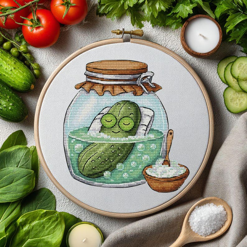 Relaxing Pickle Cross Stitch Pattern | Funny Pickle in Jar | Cute Cross Stitch Design | Easy Modern Embroidery PDF Instant Download