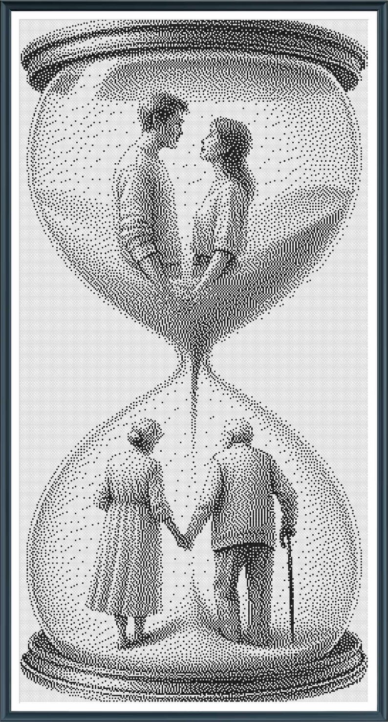 Romantic Hourglass Cross Stitch Pattern, Young & Old Love PDF Pattern