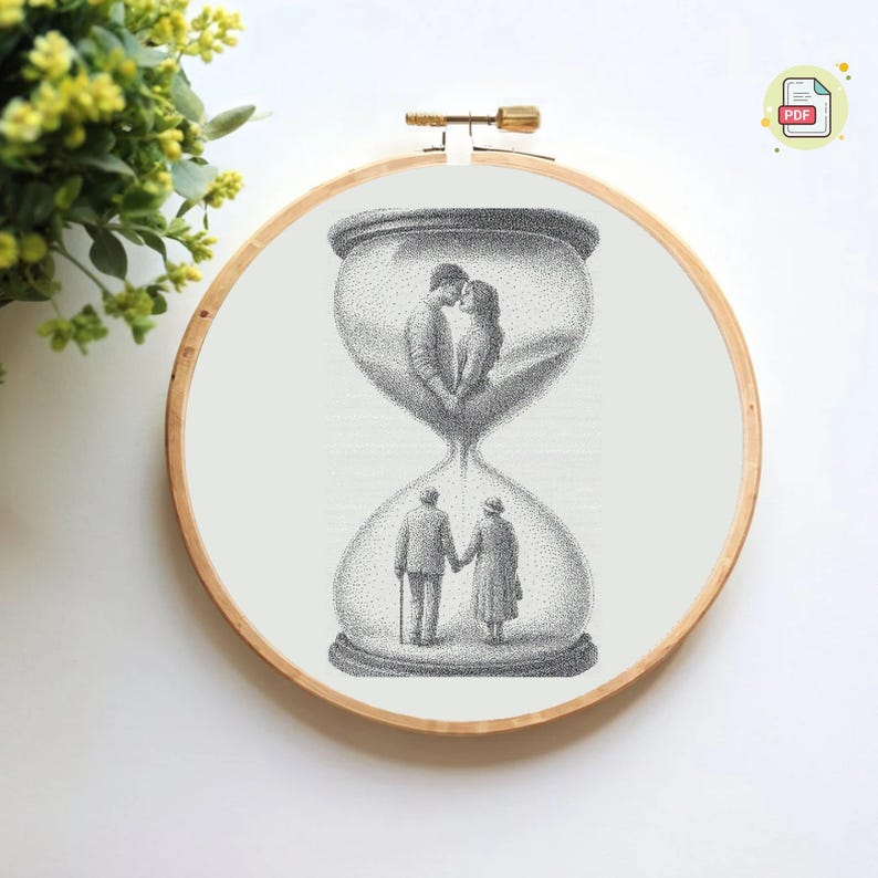 Romantic Hourglass Cross Stitch Pattern, Young & Old Love PDF Pattern