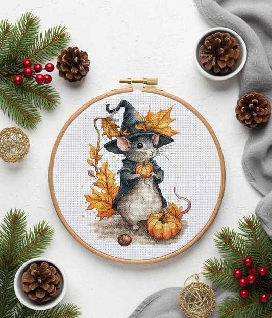 Autumn Witch Mouse Cross Stitch Pattern Instant Download